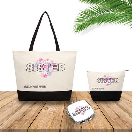 Personalized Bundle For Her Beach Tote Makeup Bag Mirror Travel Pouch Custom Gift Organizer Accessories Sister Design