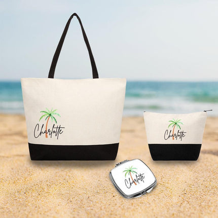 Personalized Bundle For Her Beach Tote Makeup Bag Mirror Travel Pouch Custom Gift Organizer Accessories Beach Design