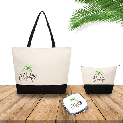 Personalized Bundle For Her Beach Tote Makeup Bag Mirror Travel Pouch Custom Gift Organizer Accessories Beach Design