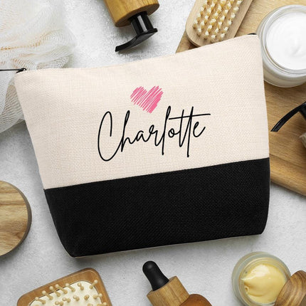Personalized Bundle For Her Beach Tote Makeup Bag Mirror Travel Pouch Custom Gift Organizer Accessories Name And Heart