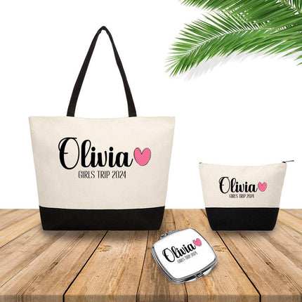 Personalized Bundle For Her Beach Tote Makeup Bag Mirror Travel Pouch Custom Gift Organizer Accessories Girsl Trip