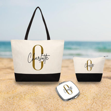 Personalized Bundle For Her Beach Tote Makeup Bag Mirror Travel Pouch Custom Gift Organizer Accessories Initial And Black Name