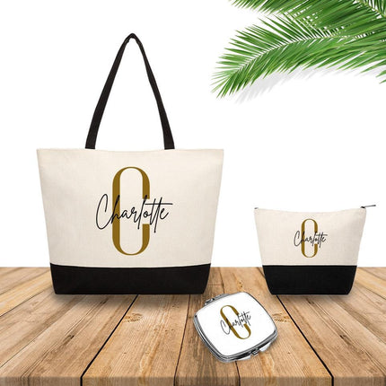 Personalized Bundle For Her Beach Tote Makeup Bag Mirror Travel Pouch Custom Gift Organizer Accessories Initial And Black Name