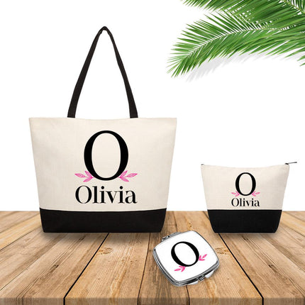 Personalized Bundle For Her Beach Tote Makeup Bag Mirror Travel Pouch Custom Gift Organizer Accessories Initial With Leafs