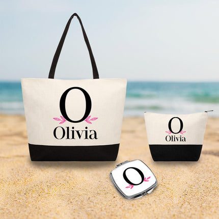 Personalized Bundle For Her Beach Tote Makeup Bag Mirror Travel Pouch Custom Gift Organizer Accessories Initial With Leafs
