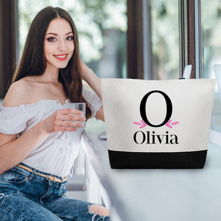 Personalized Bundle For Her Beach Tote Makeup Bag Mirror Travel Pouch Custom Gift Organizer Accessories Initial With Leafs