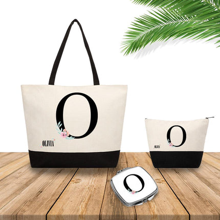Personalized Bundle For Her Beach Tote Makeup Bag Mirror Travel Pouch Custom Gift Organizer Accessories Initial With Flower