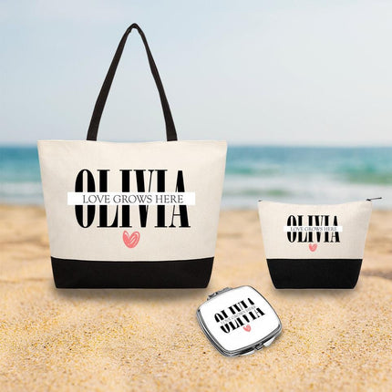 Personalized Bundle For Her Beach Tote Makeup Bag Mirror Travel Pouch Custom Gift Organizer Accessories Love Grows Here Design