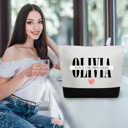 Personalized Bundle For Her Beach Tote Makeup Bag Mirror Travel Pouch Custom Gift Organizer Accessories Love Grows Here Design