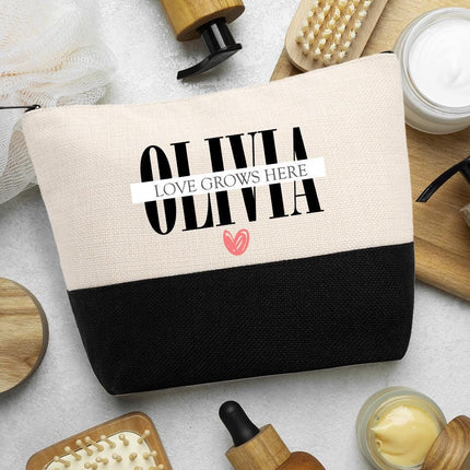 Personalized Bundle For Her Beach Tote Makeup Bag Mirror Travel Pouch Custom Gift Organizer Accessories Love Grows Here Design