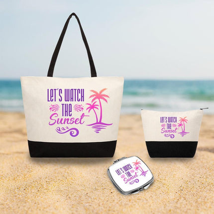 Personalized Bundle For Her Beach Tote Makeup Bag Mirror Travel Pouch Custom Gift Organizer Accessories Sunset