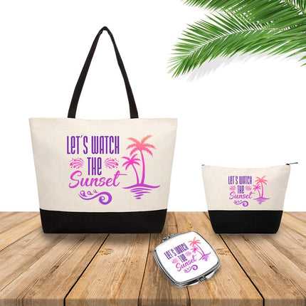 Personalized Bundle For Her Beach Tote Makeup Bag Mirror Travel Pouch Custom Gift Organizer Accessories Sunset