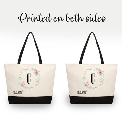 Personalized Large Canvas Tote Custom Beach Shopping Travel Bag Reusable Gift for Women Accessories Organizer Frame And Name With Flowers