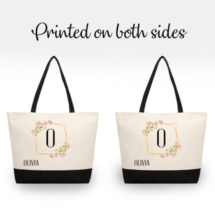 Personalized Large Canvas Tote Custom Beach Shopping Travel Bag Reusable Gift for Women Accessories Organizer Frame With Flowers