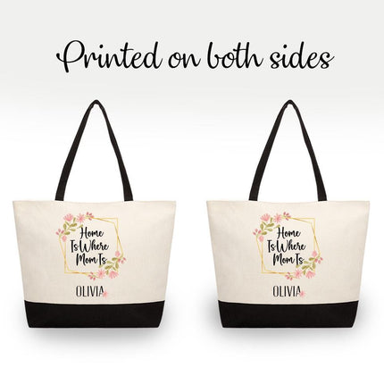 Personalized Large Canvas Tote Custom Beach Shopping Travel Bag Reusable Gift for Women Accessories Organizer Home Is Where Mom Is Design