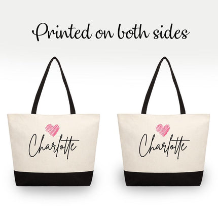 Personalized Large Canvas Tote Custom Beach Shopping Travel Bag Reusable Gift for Women Accessories Organizer Name And Heart