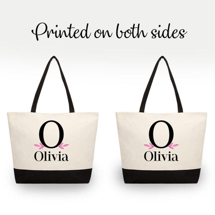 Personalized Large Canvas Tote Custom Beach Shopping Travel Bag Reusable Gift for Women Accessories Organizer Initial With Leafs