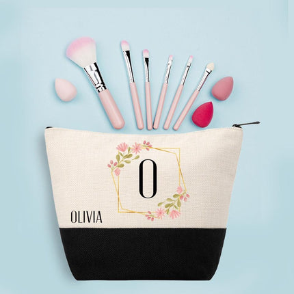 Personalized Makeup Bag Custom Travel Organizer Cosmetic Pouch for Women Toiletry Bag Accessories Storage Gift Frame With Flowers