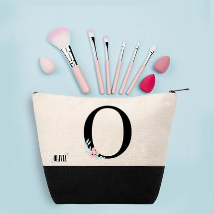 Personalized Makeup Bag Custom Travel Organizer Cosmetic Pouch for Women Toiletry Bag Accessories Storage Gift Initial With Flower