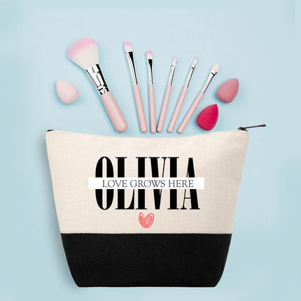Personalized Makeup Bag Custom Travel Organizer Cosmetic Pouch for Women Toiletry Bag Accessories Storage Gift Love Grows Here Design