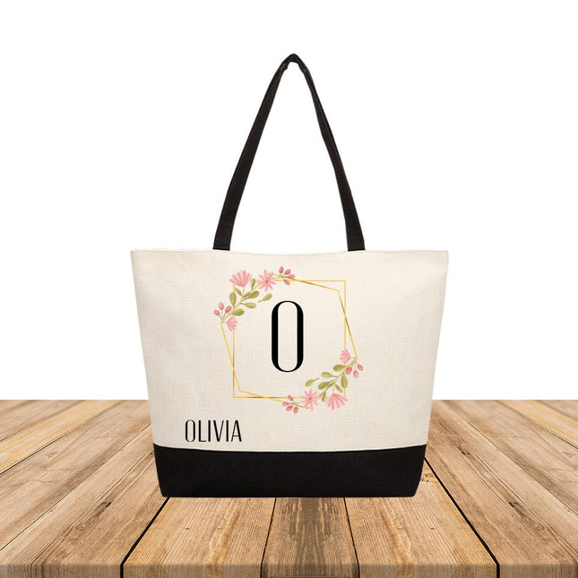 Personalized Large Canvas Tote Custom Beach Shopping Travel Bag Reusable Gift for Women Accessories Organizer Frame With Flowers