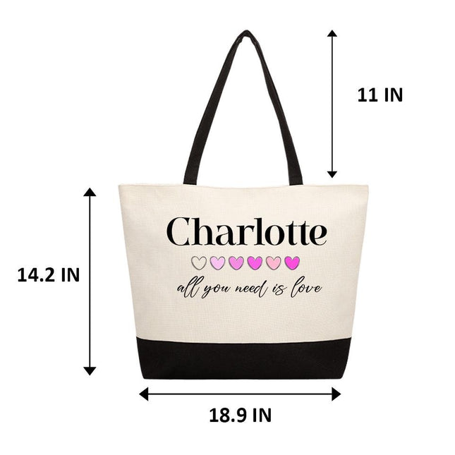 Personalized Large Canvas Tote Custom Beach Shopping Travel Bag Reusable Gift for Women Accessories Organizer All You Need Is Love Design