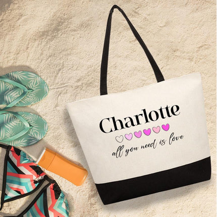 Personalized Large Canvas Tote Custom Beach Shopping Travel Bag Reusable Gift for Women Accessories Organizer All You Need Is Love Design