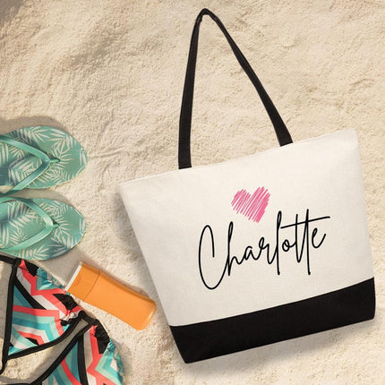 Personalized Large Canvas Tote Custom Beach Shopping Travel Bag Reusable Gift for Women Accessories Organizer Name And Heart