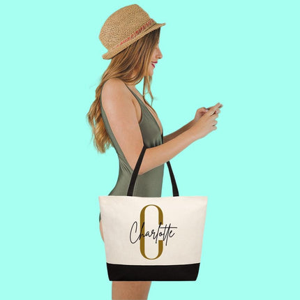 Personalized Large Canvas Tote Custom Beach Shopping Travel Bag Reusable Gift for Women Accessories Organizer Initial And Black Name