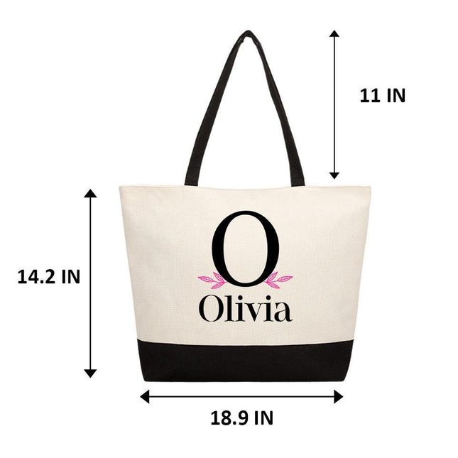Personalized Large Canvas Tote Custom Beach Shopping Travel Bag Reusable Gift for Women Accessories Organizer Initial With Leafs