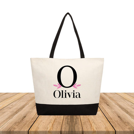 Personalized Large Canvas Tote Custom Beach Shopping Travel Bag Reusable Gift for Women Accessories Organizer Initial With Leafs