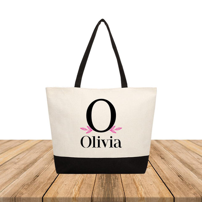 Personalized Large Canvas Tote Custom Beach Shopping Travel Bag Reusable Gift for Women Accessories Organizer Initial With Leafs