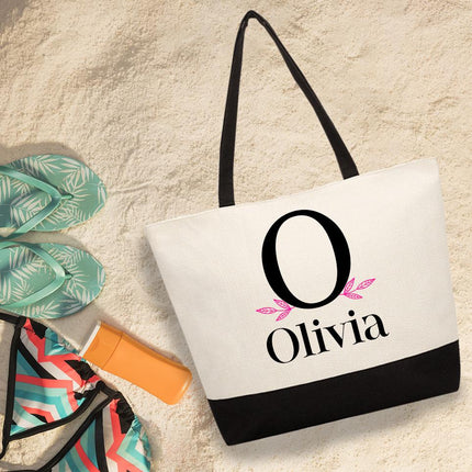 Personalized Large Canvas Tote Custom Beach Shopping Travel Bag Reusable Gift for Women Accessories Organizer Initial With Leafs