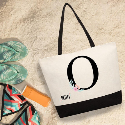 Personalized Large Canvas Tote Custom Beach Shopping Travel Bag Reusable Gift for Women Accessories Organizer Initial With Flower