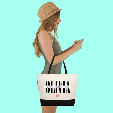 Personalized Large Canvas Tote Custom Beach Shopping Travel Bag Reusable Gift for Women Accessories Organizer Love Grows Here Design