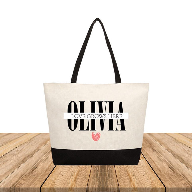 Personalized Large Canvas Tote Custom Beach Shopping Travel Bag Reusable Gift for Women Accessories Organizer Love Grows Here Design