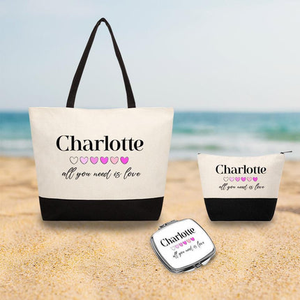 Personalized Large Canvas Tote Custom Beach Shopping Travel Bag Reusable Gift for Women Accessories Organizer All You Need Is Love Design