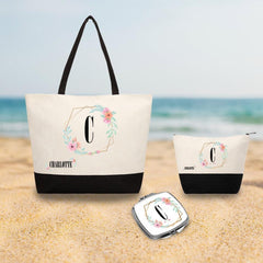 Personalized Bundle For Her Beach Tote Makeup Bag Mirror Travel Pouch Custom Gift Organizer Accessories Frame And Name With Flowers