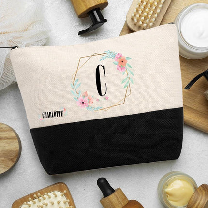 Personalized Bundle For Her Beach Tote Makeup Bag Mirror Travel Pouch Custom Gift Organizer Accessories Frame And Name With Flowers