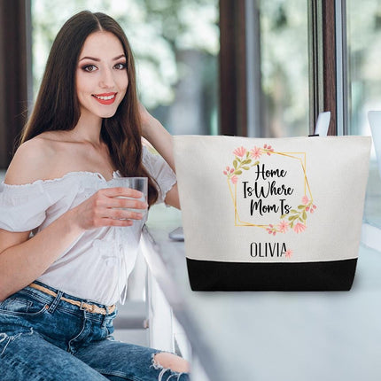 Personalized Bundle For Her Beach Tote Makeup Bag Mirror Travel Pouch Custom Gift Organizer Accessories Home Is Where Mom Is Design