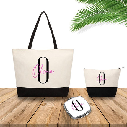 Personalized Bundle For Her Beach Tote Makeup Bag Mirror Travel Pouch Custom Gift Organizer Accessories Initial And Pink Name