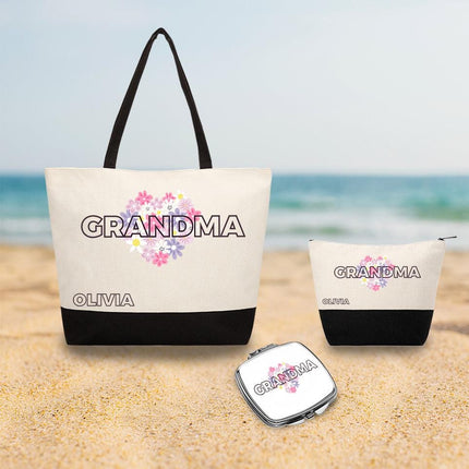 Personalized Bundle For Her Beach Tote Makeup Bag Mirror Travel Pouch Custom Gift Organizer Accessories Grandma Grandmother Design