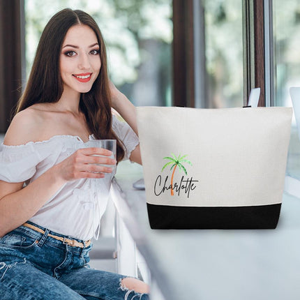 Personalized Bundle For Her Beach Tote Makeup Bag Mirror Travel Pouch Custom Gift Organizer Accessories Beach Design