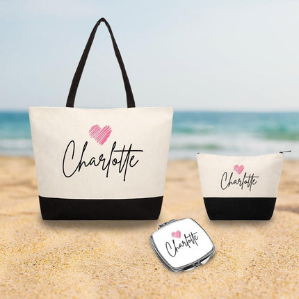 Personalized Bundle For Her Beach Tote Makeup Bag Mirror Travel Pouch Custom Gift Organizer Accessories Name And Heart