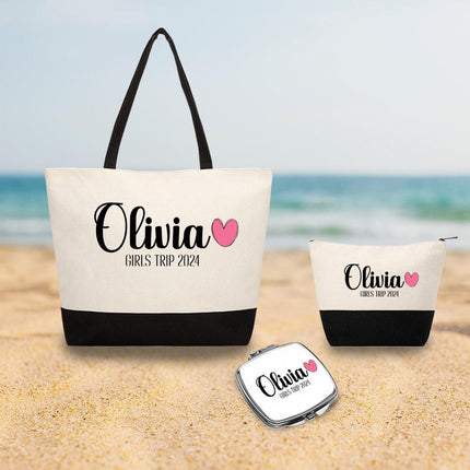 Personalized Bundle For Her Beach Tote Makeup Bag Mirror Travel Pouch Custom Gift Organizer Accessories Girsl Trip