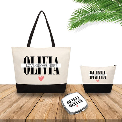Personalized Bundle For Her Beach Tote Makeup Bag Mirror Travel Pouch Custom Gift Organizer Accessories Love Grows Here Design
