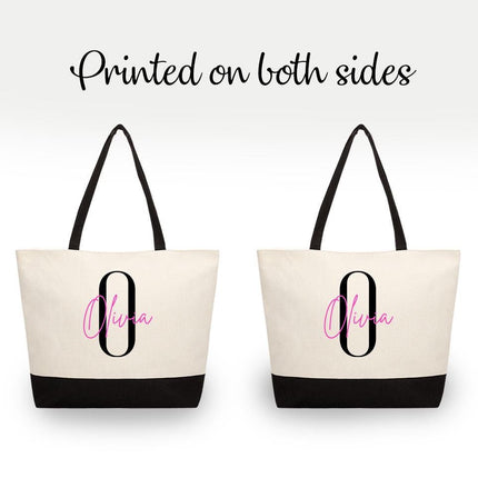 Personalized Large Canvas Tote Custom Beach Shopping Travel Bag Reusable Gift for Women Accessories Organizer Initial And Pink Name