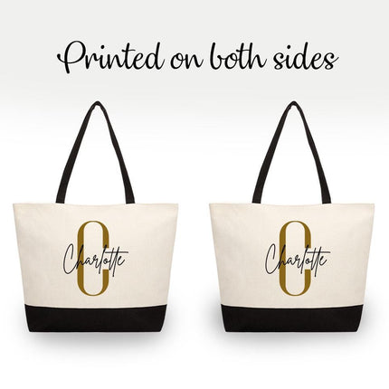 Personalized Large Canvas Tote Custom Beach Shopping Travel Bag Reusable Gift for Women Accessories Organizer Initial And Black Name