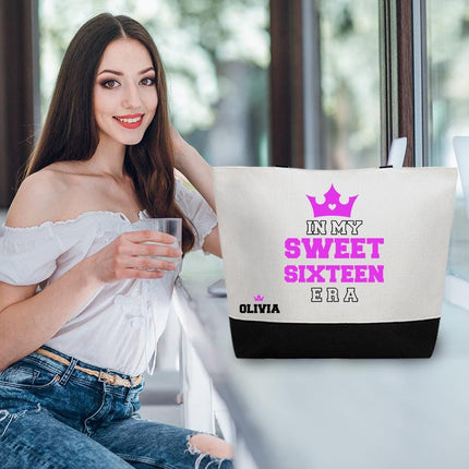 Personalized Large Canvas Tote Custom Beach Shopping Travel Bag Reusable Gift for Women Accessories Organizer In My Sweet Sixteen Era Purple