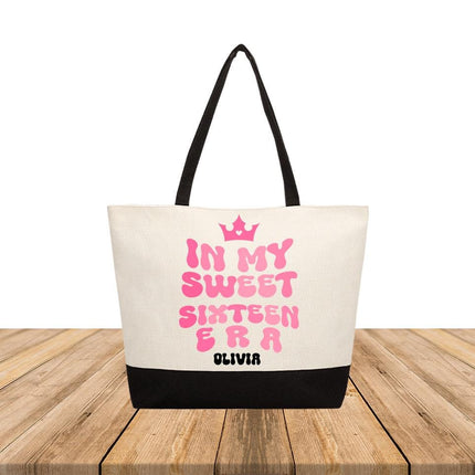 Personalized Large Canvas Tote Custom Beach Shopping Travel Bag Reusable Gift for Women Accessories Organizer In My Sweet Sixteen Era Pink